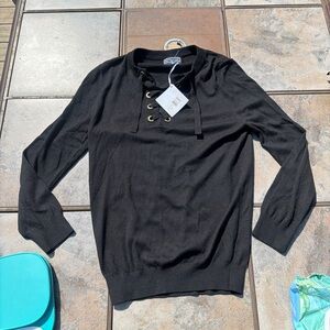 Duffield Lane Men's Black Lace-Up V-Neck Sweater